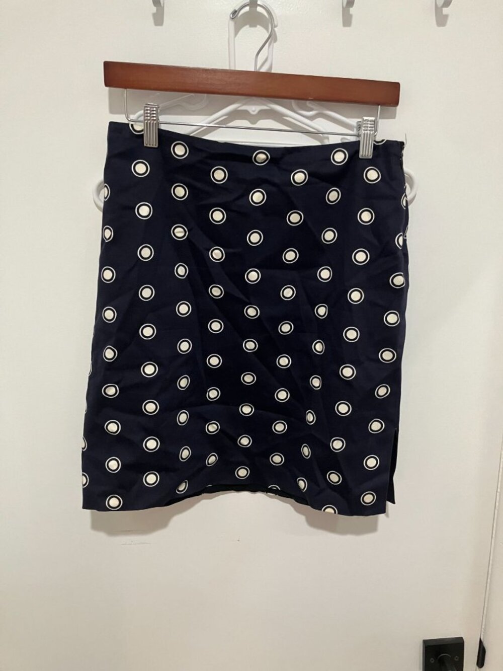 Linda Allard Ellen Tracy Navy Blue Polka Dot Pencil Mini Skirt Side Zip 8 Petite